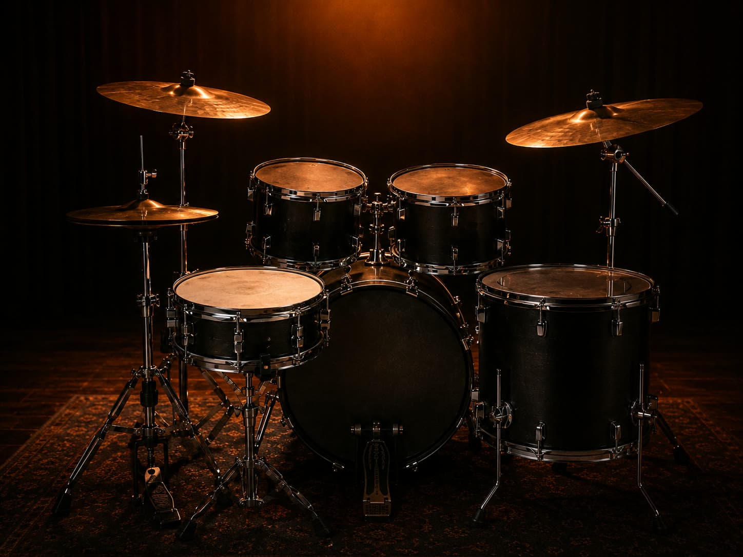 Bateria acústica completa vista de frente, na posição de quem senta no banco para tocar, iluminada por luz quente de palco