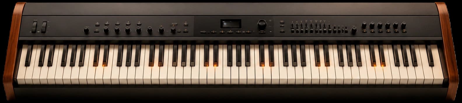 Stage piano profissional de 76 teclas, corpo grafite com laterais de madeira e painel de controles